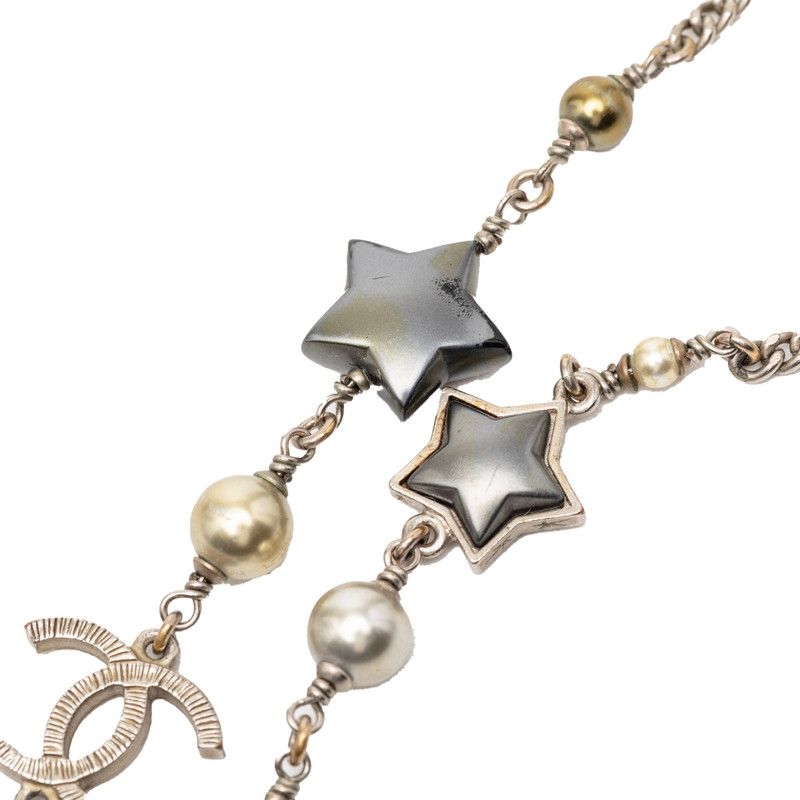 Chanel CC Logo Star Long Necklace Silver Metal Faux Pearl — view 4