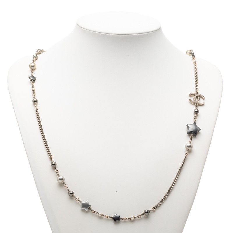 Chanel CC Logo Star Long Necklace Silver Metal Faux Pearl — view 6