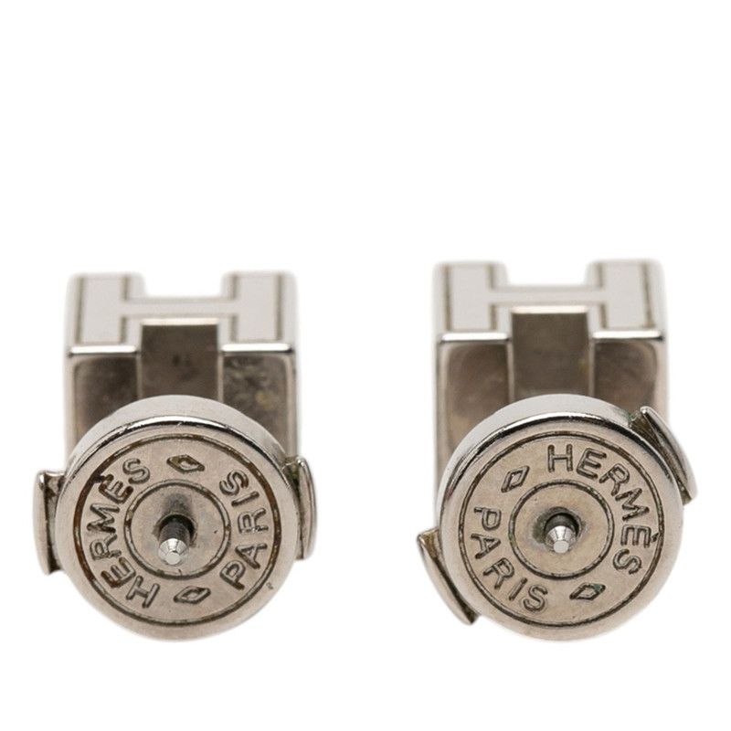 Hermes Cage de Ash Cube Earrings Silver Beige Metal Enamel — view 2