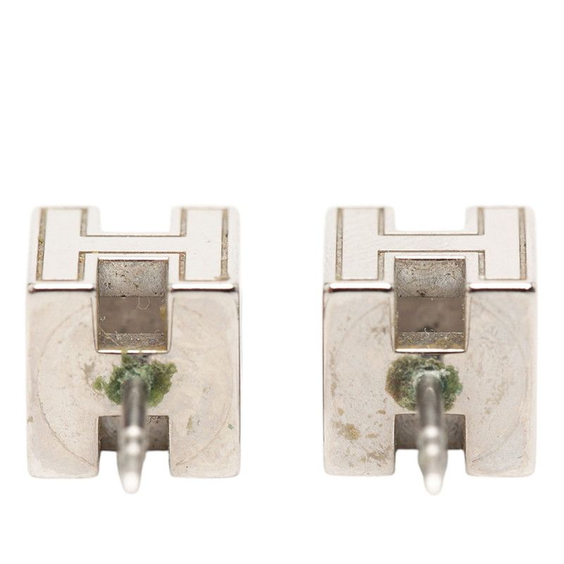 Hermes Cage de Ash Cube Earrings Silver Beige Metal Enamel — view 3