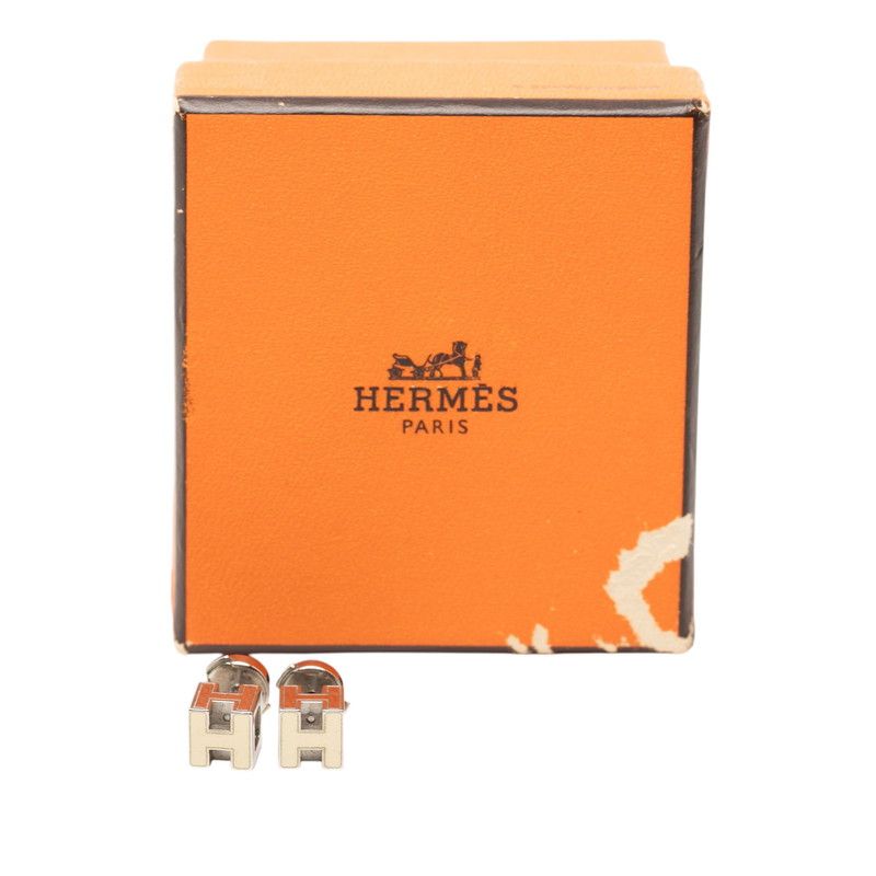 Hermes Cage de Ash Cube Earrings Silver Beige Metal Enamel — view 6
