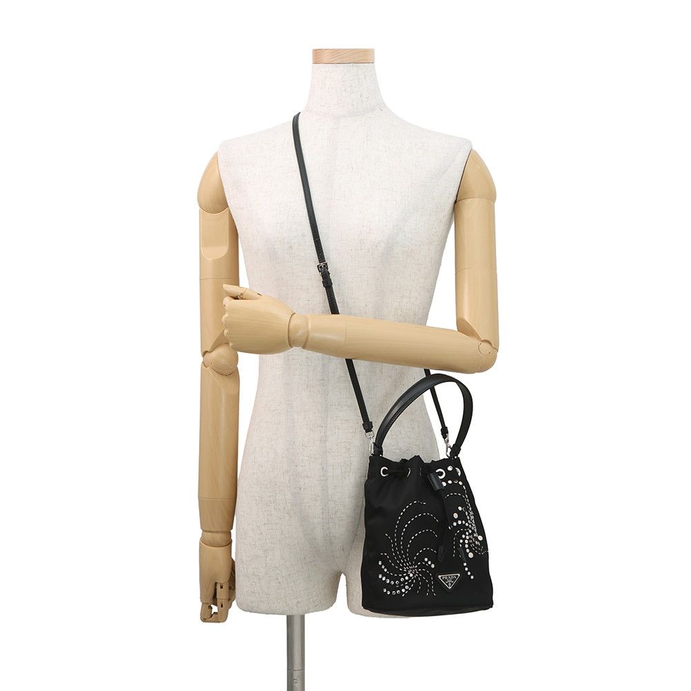 Prada Drawstring Rhinestone Studded Beads Nylon 2-Way Shoulder Bag Black — view 5