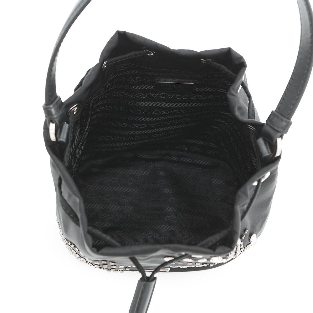 Prada Drawstring Rhinestone Studded Beads Nylon 2-Way Shoulder Bag Black — view 6