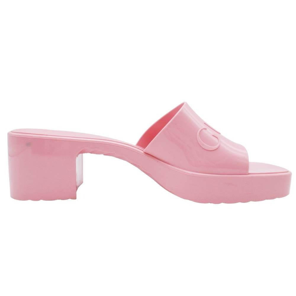 Gucci Embossed Logo Rubber Slide Sandals Chunky Heels Mules Shoes 37 Pink — view 4
