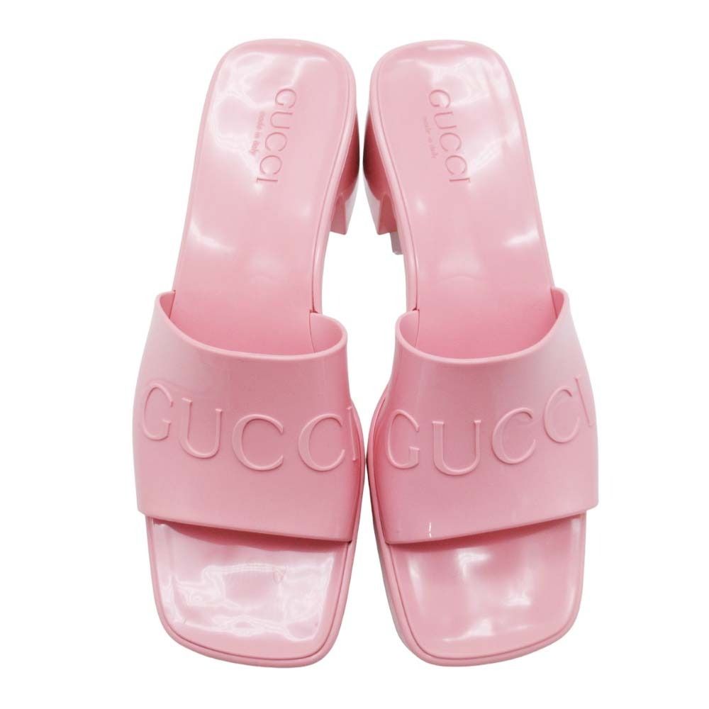 Gucci Embossed Logo Rubber Slide Sandals Chunky Heels Mules Shoes 37 Pink — view 2