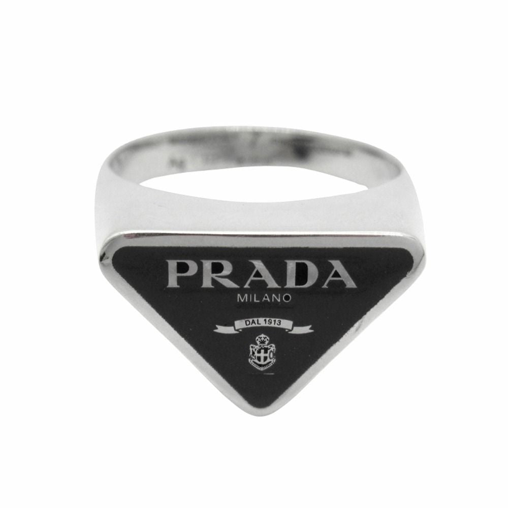 Prada Triangle Logo Symbol Ring Silver Black — view 2