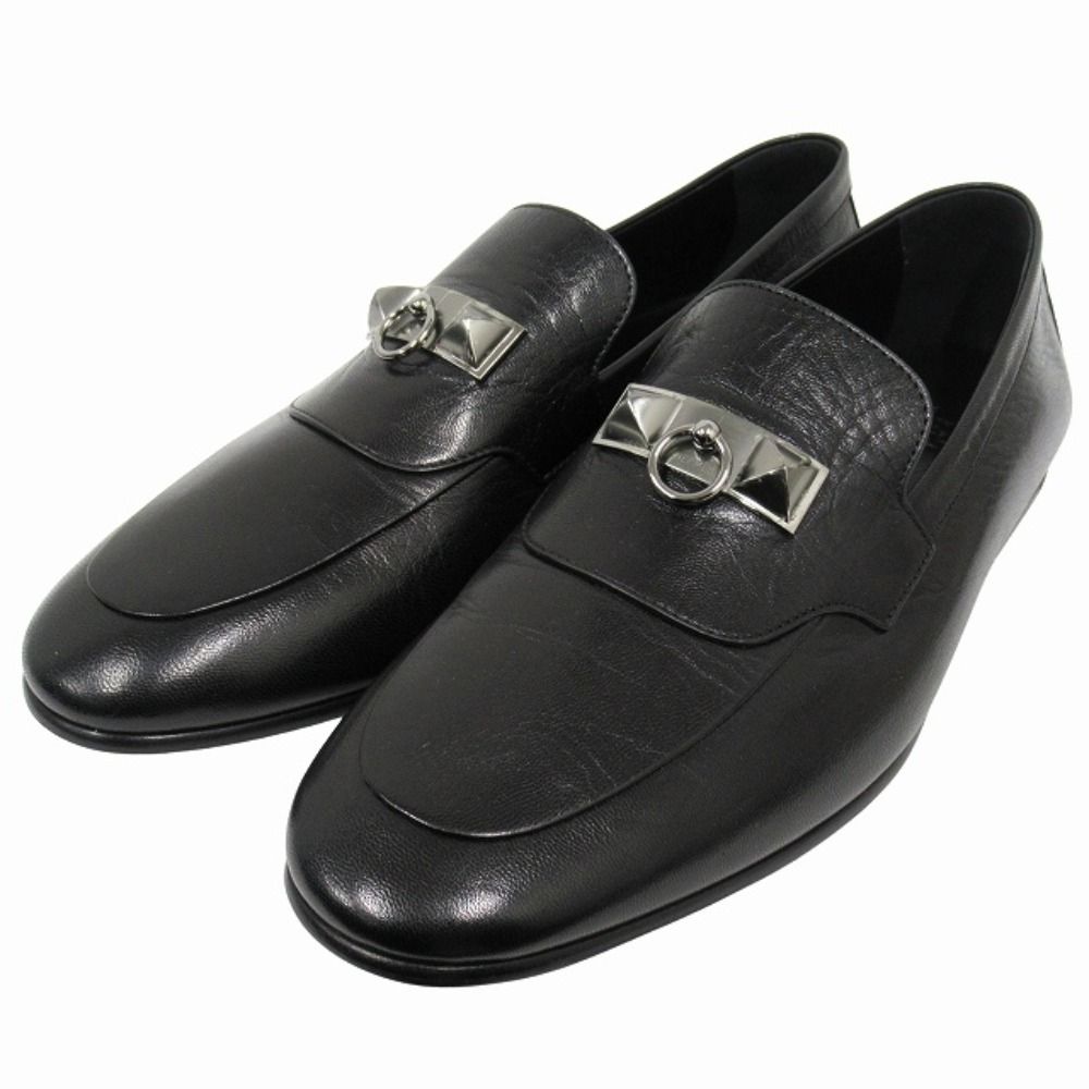 Hermes Blaise Loafers Shoes Slip on Leather Silver Collier de Chien 26 cm Black — view 4
