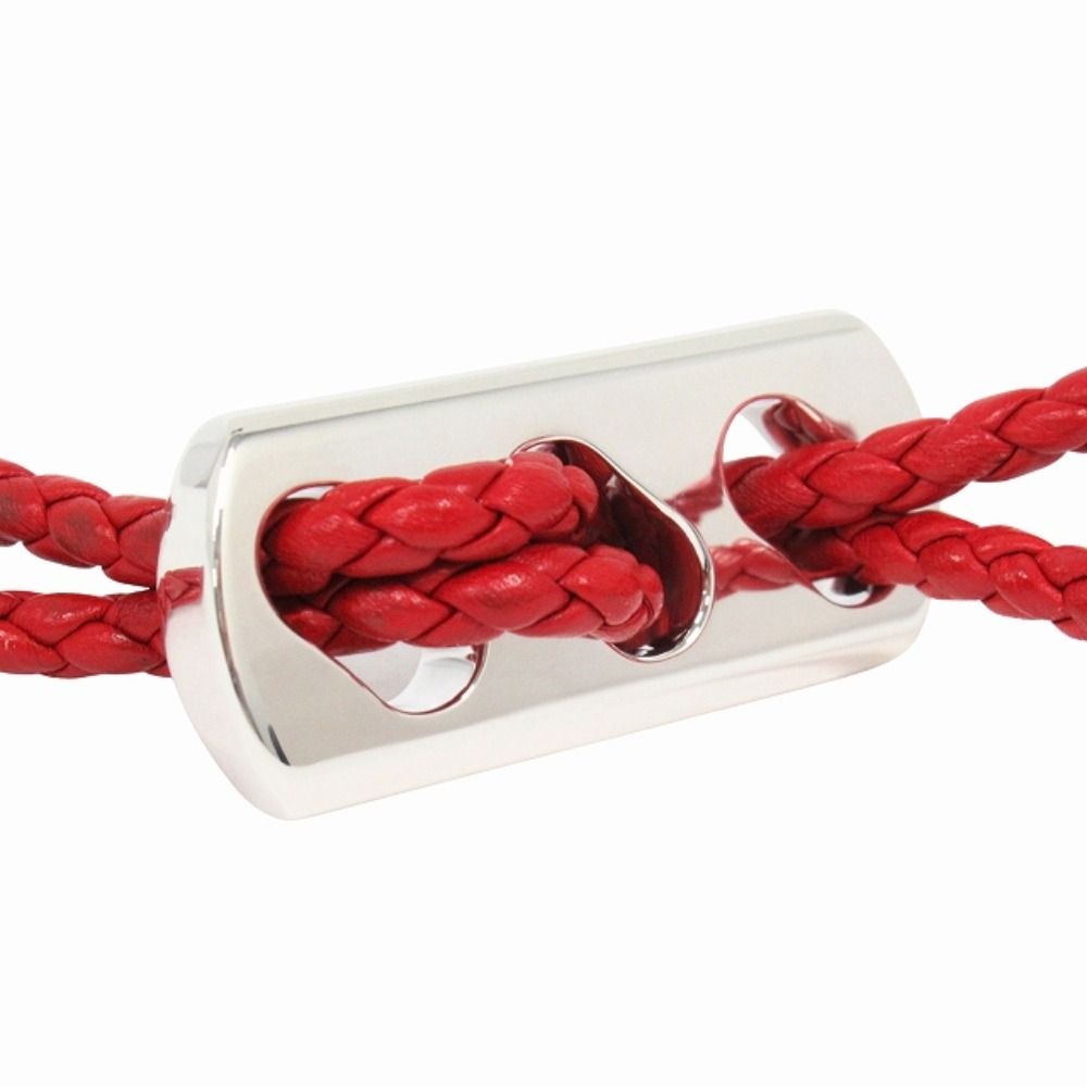 Hermes Polished Key Holder Key Ring Charm Braided Leather Silver Red — view 2