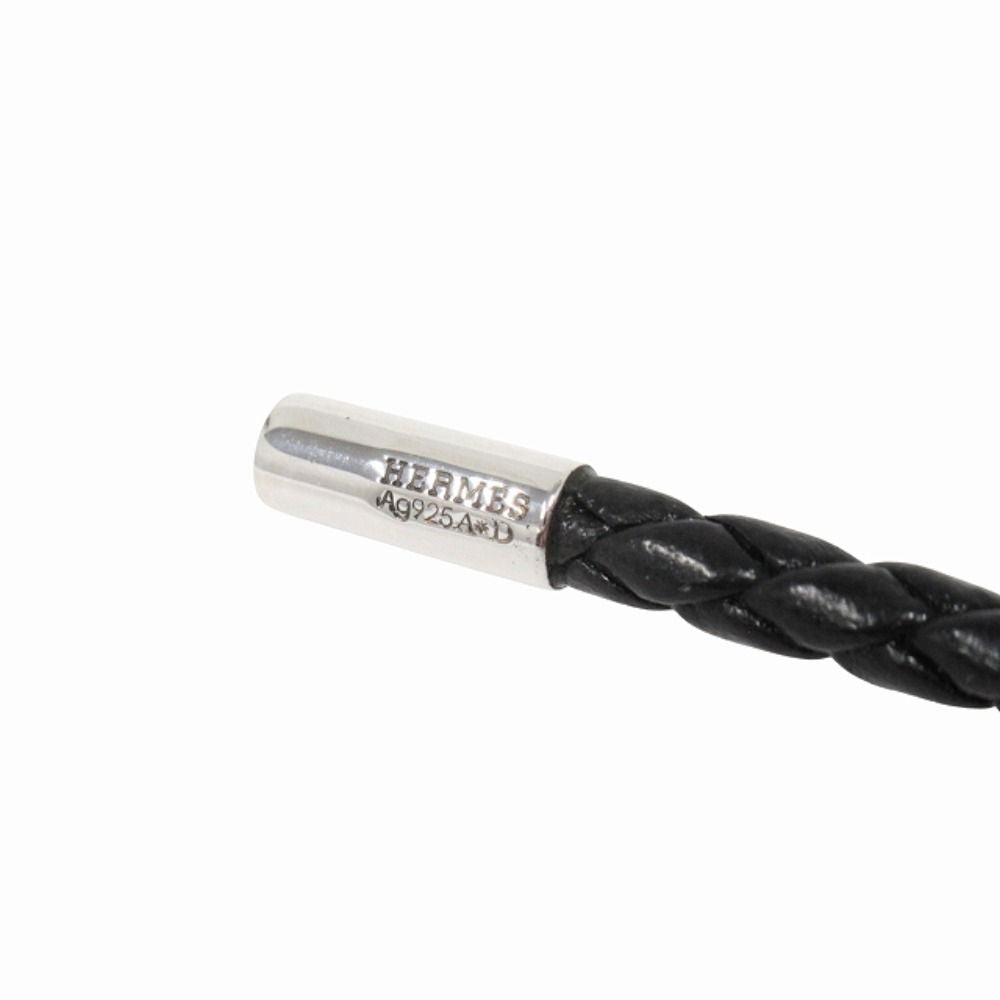 Hermes Polished Key Holder Key Ring Charm Braided Leather Silver Black — view 5