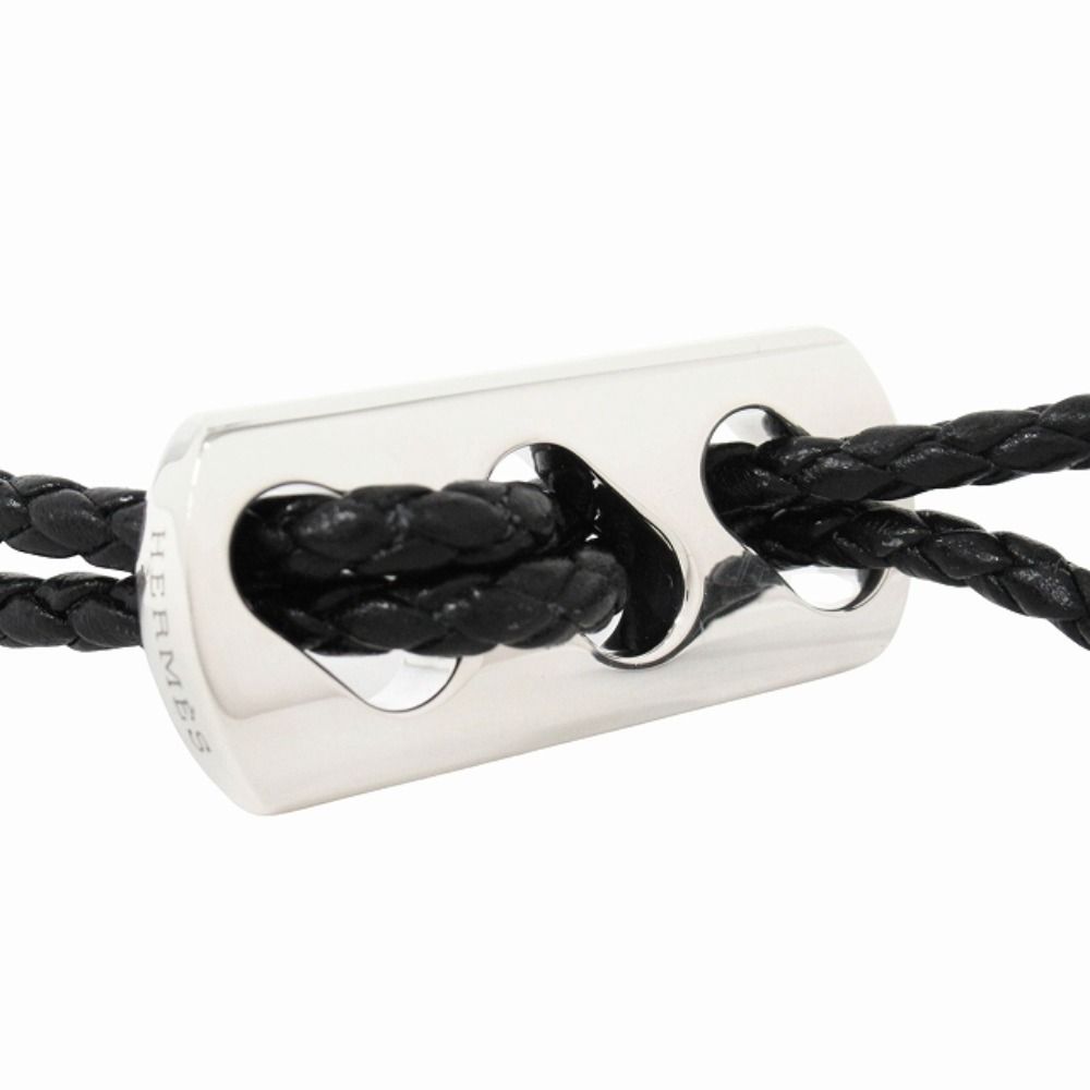 Hermes Polished Key Holder Key Ring Charm Braided Leather Silver Black — view 2