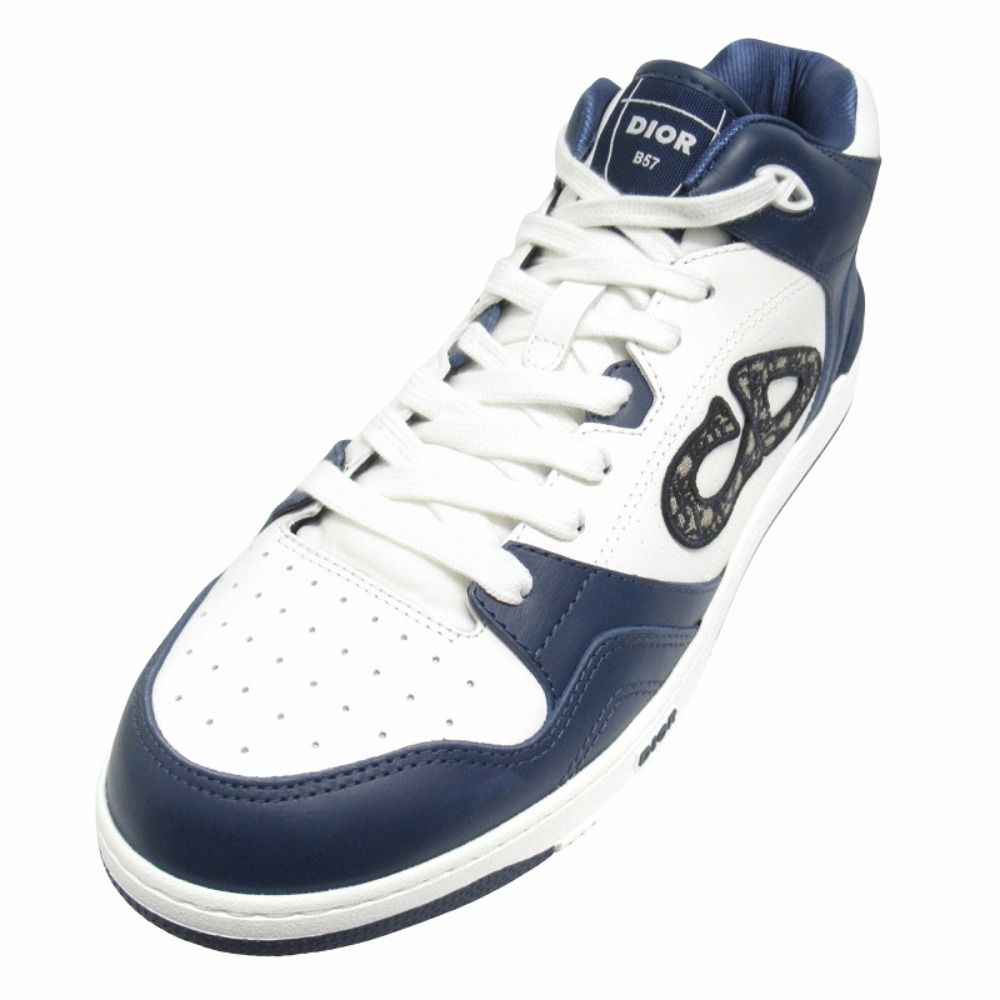 Dior Dribble Mid Top Leather Sneakers CD Logo Blue Jacquard Trotter Shoes — view 3