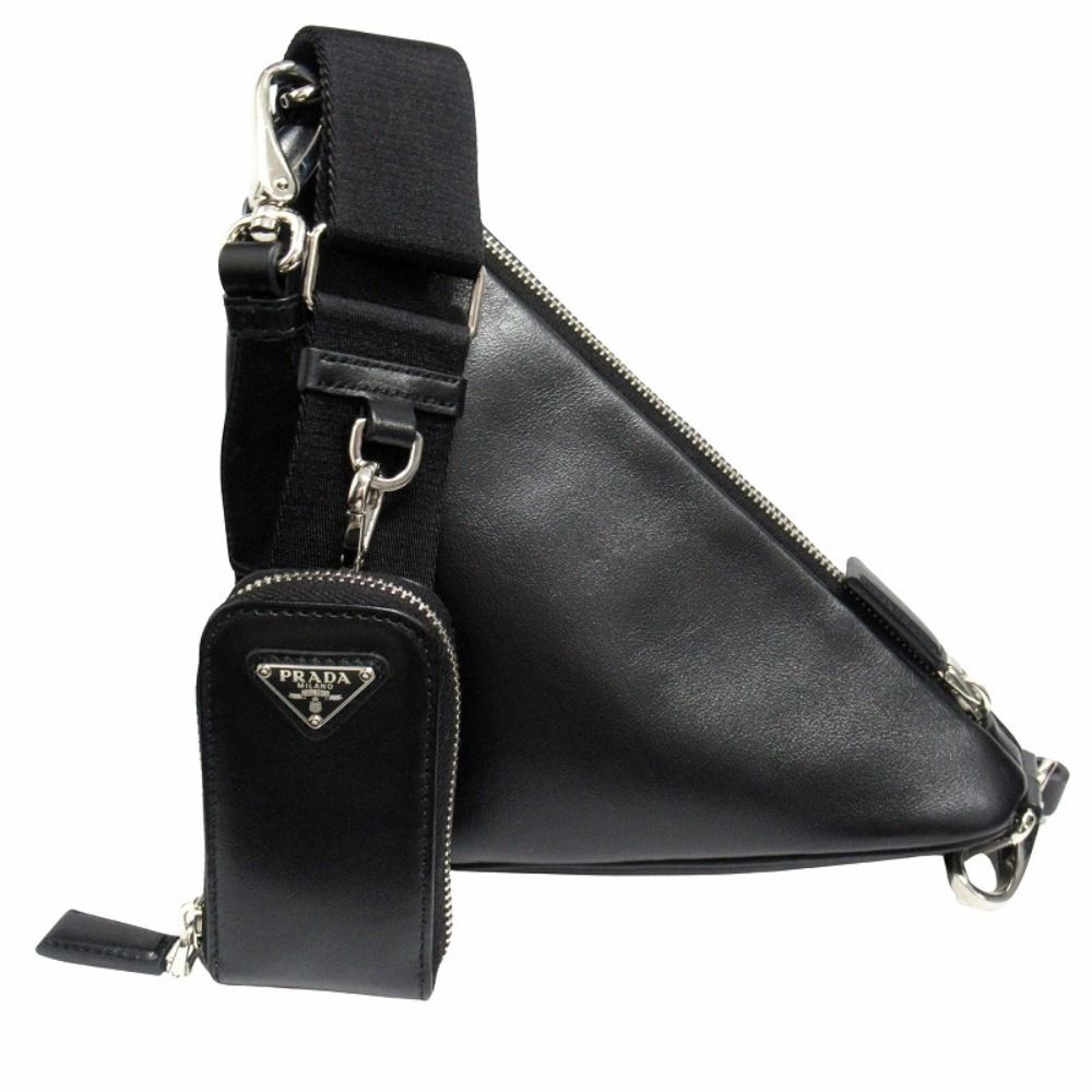 Prada Triangle Leather Shoulder Bag with Mini Pouch Crossbody Logo Black Silver — view 2