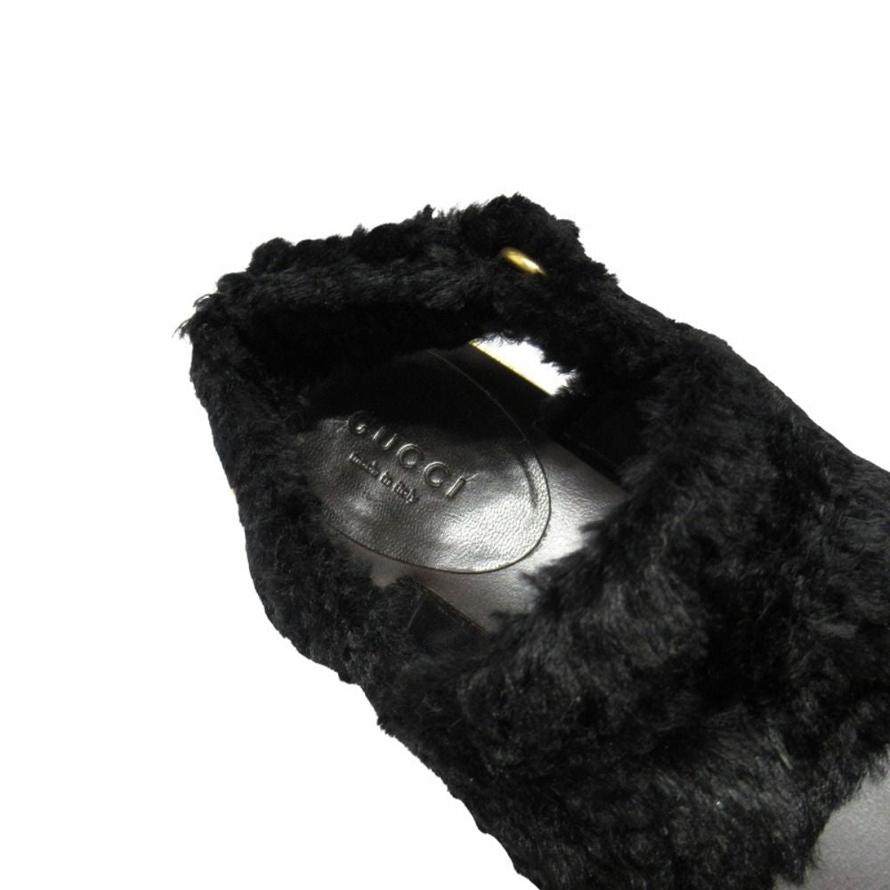 Gucci Faux Fur Sandals Boa Shoes Metal Heels Back Velcro 37.5 Black — view 7