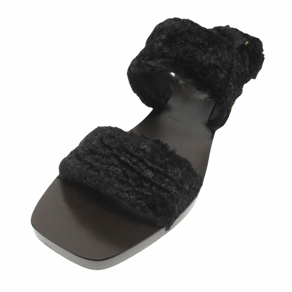Gucci Faux Fur Sandals Boa Shoes Metal Heels Back Velcro 37.5 Black — view 3
