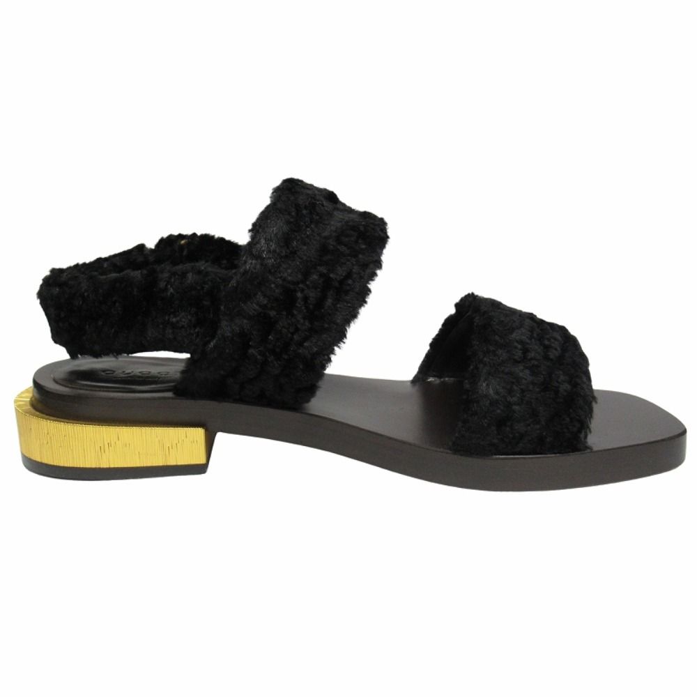 Gucci Faux Fur Sandals Boa Shoes Metal Heels Back Velcro 37.5 Black — view 2