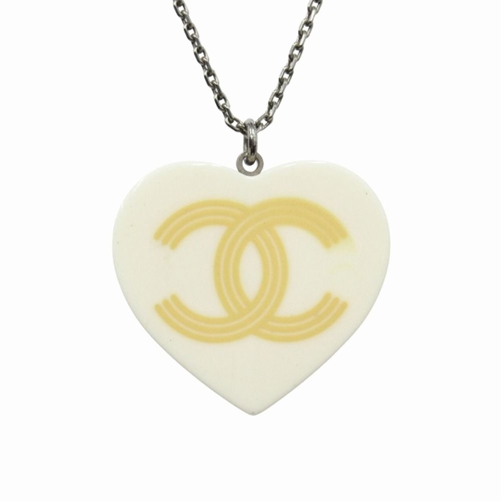 Chanel Heart CC Logo Necklace Vintage Silver White — view 2