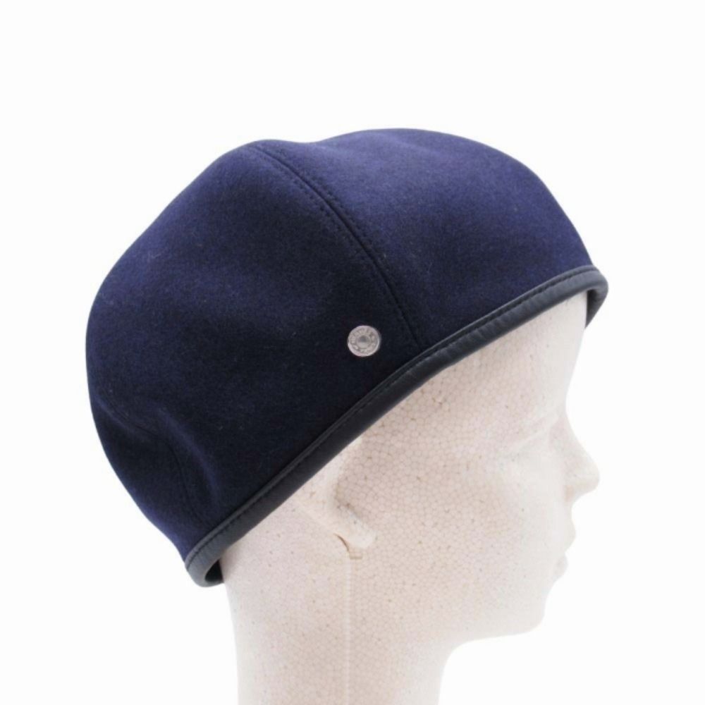Hermes Gabrielle Beret Wool Jersey Leather Trim Series Button Hat 56 cm Navy — view 4