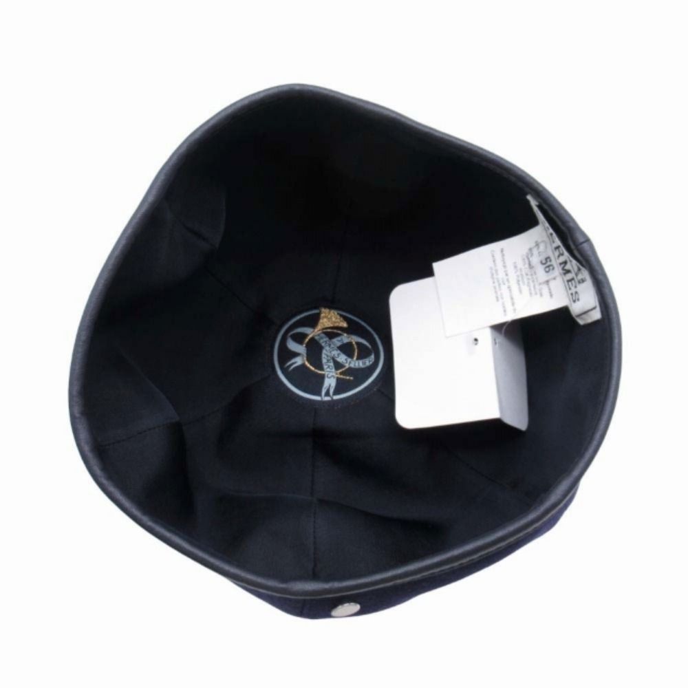 Hermes Gabrielle Beret Wool Jersey Leather Trim Series Button Hat 56 cm Navy — view 5