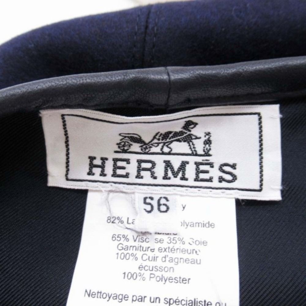 Hermes Gabrielle Beret Wool Jersey Leather Trim Series Button Hat 56 cm Navy — view 8