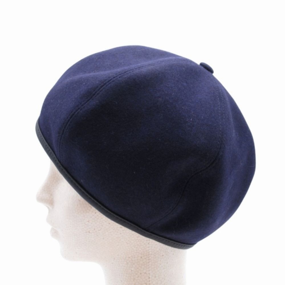 Hermes Gabrielle Beret Wool Jersey Leather Trim Series Button Hat 56 cm Navy — view 2