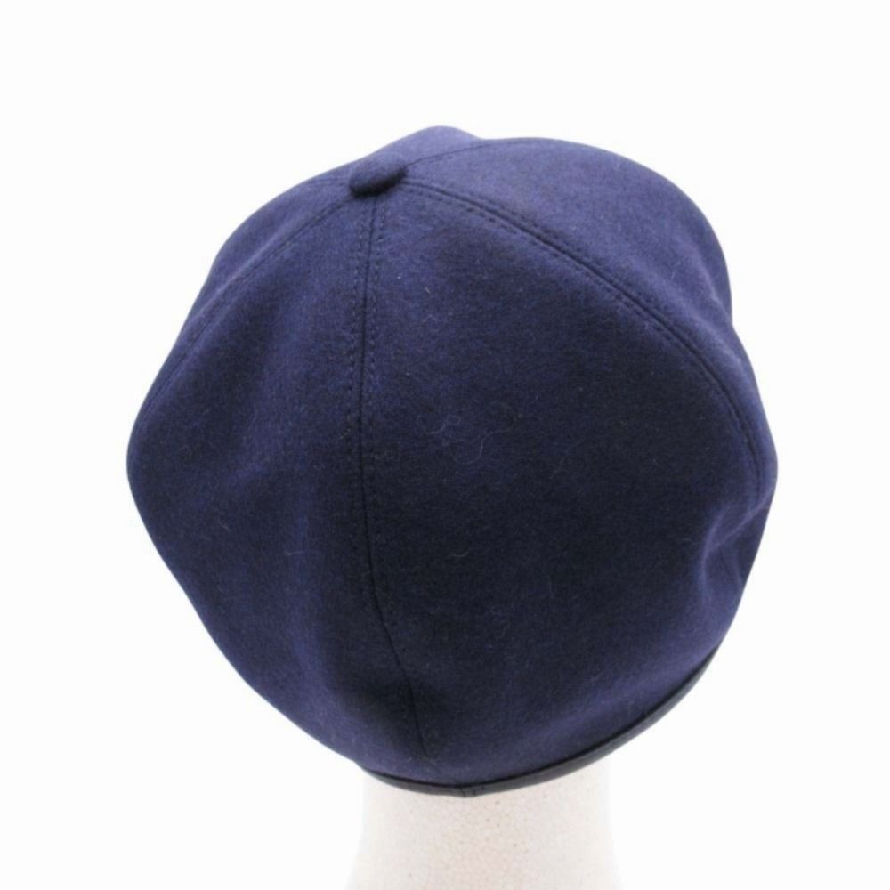 Hermes Gabrielle Beret Wool Jersey Leather Trim Series Button Hat 56 cm Navy — view 3
