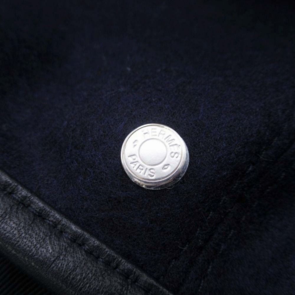 Hermes Gabrielle Beret Wool Jersey Leather Trim Series Button Hat 56 cm Navy — view 7