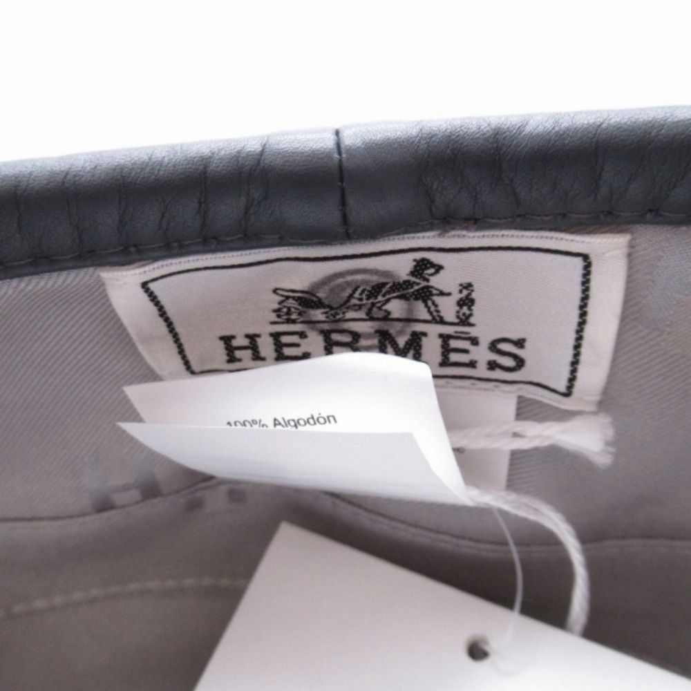 Hermes Gabrielle Beret Denim Leather Trim Series Button Hat Cap 58 cm Gray — view 8