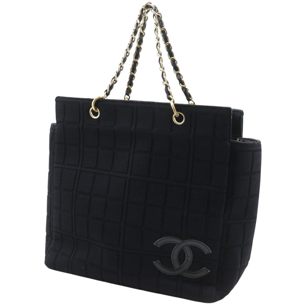 Chanel Chain Chocolate Bar CC Logo Jersey Black Tote — view 2