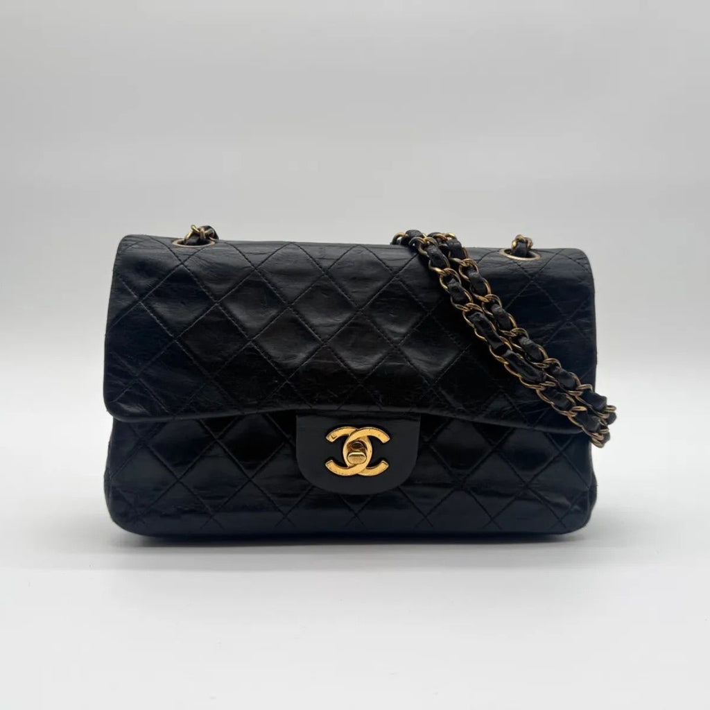Chanel Large Shoulder Bag Quilted CC Logo Gold Turnlock Double Flap Black