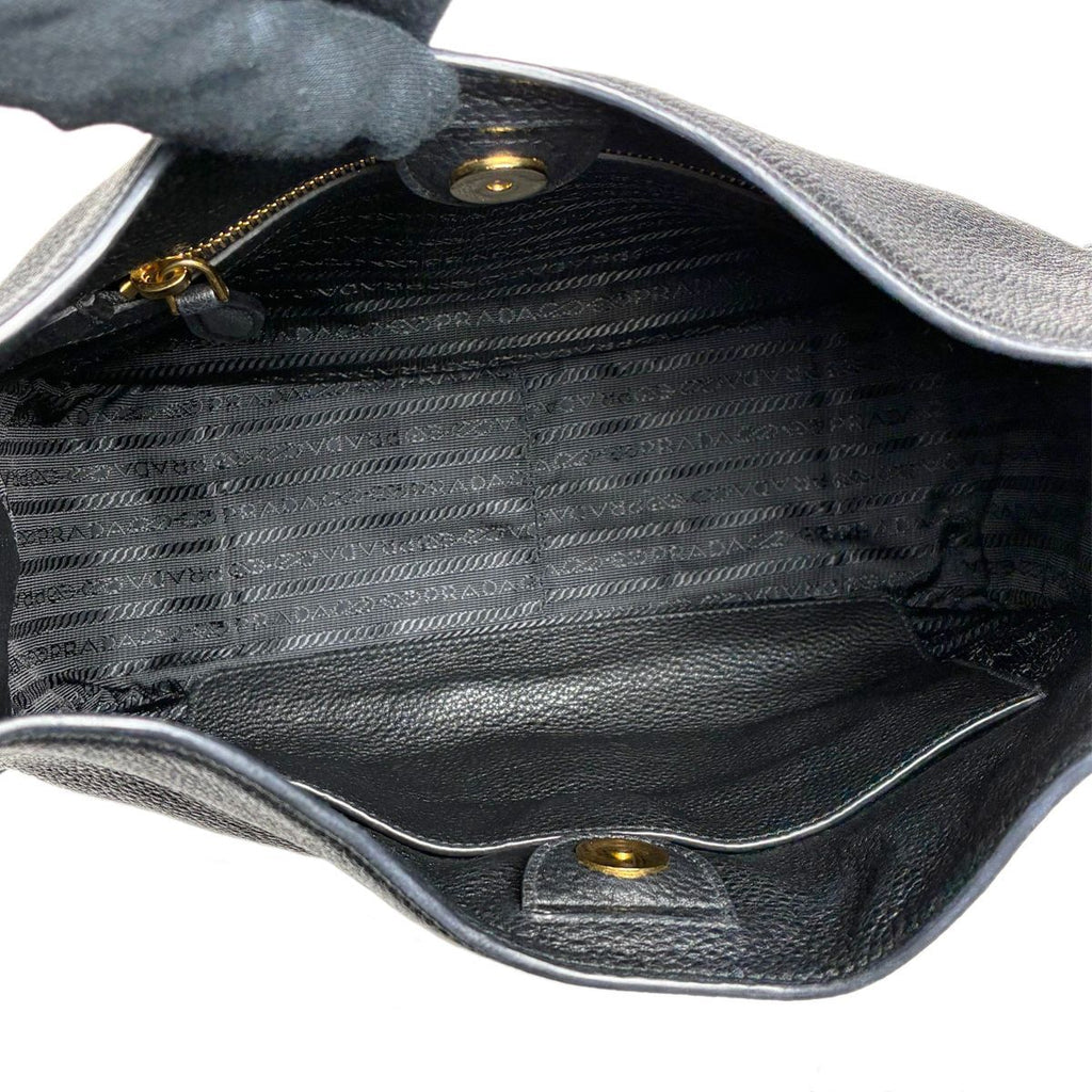 Prada Vitello Daino Shoulder Bag Black Gold Logo — view 9