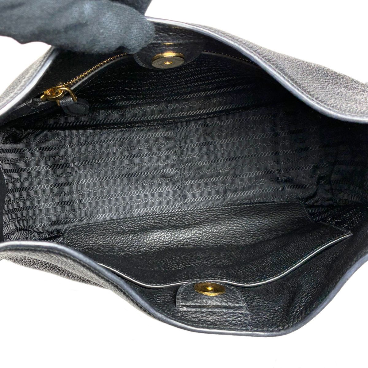 Prada Vitello Daino Shoulder Bag Black Gold Logo — view 9