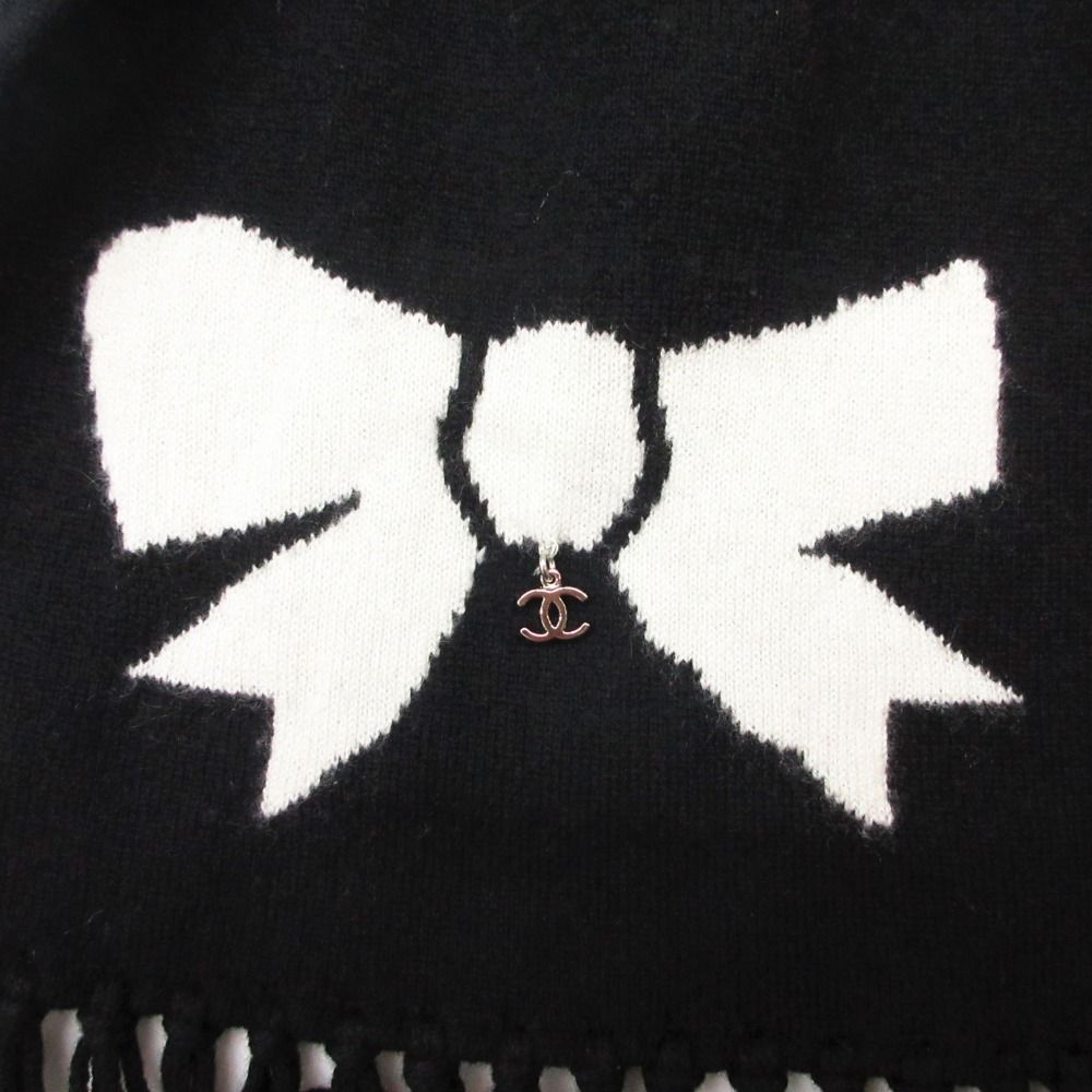 Chanel Scarf Cashmere Ribbon CC Logo Charm Shirt Motif 26 204 cm Black — view 3