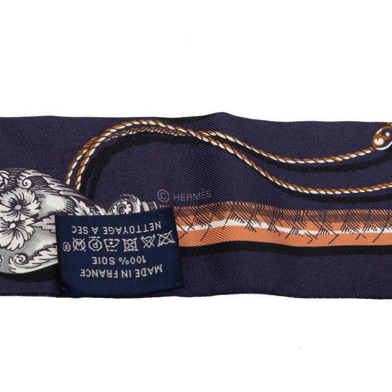 Hermes Twilly Cavalcades Cavalry March Scarf Navy Brown Silk — view 3