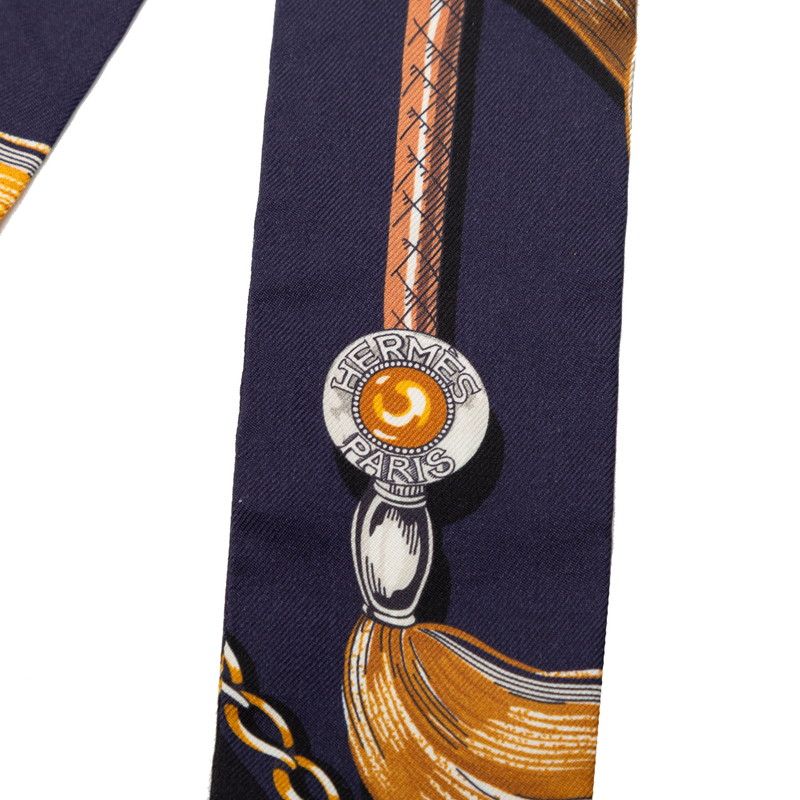 Hermes Twilly Cavalcades Cavalry March Scarf Navy Brown Silk — view 2