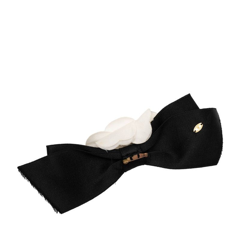 Chanel Camellia Ribbon Brooch Black White Metal Textile — view 2