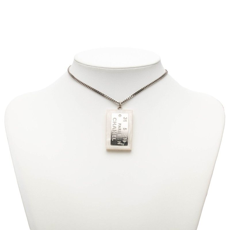 Chanel Logo Plate Necklace Silver White Metal — view 6