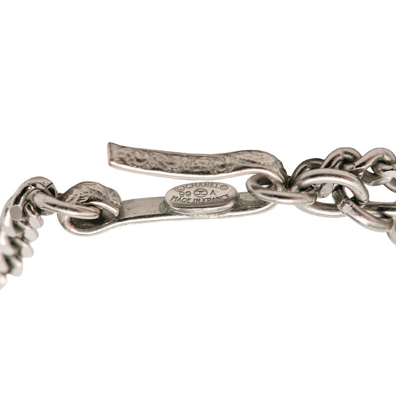 Chanel Logo Plate Necklace Silver White Metal — view 5