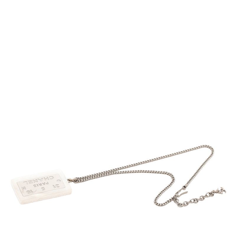 Chanel Logo Plate Necklace Silver White Metal — view 3
