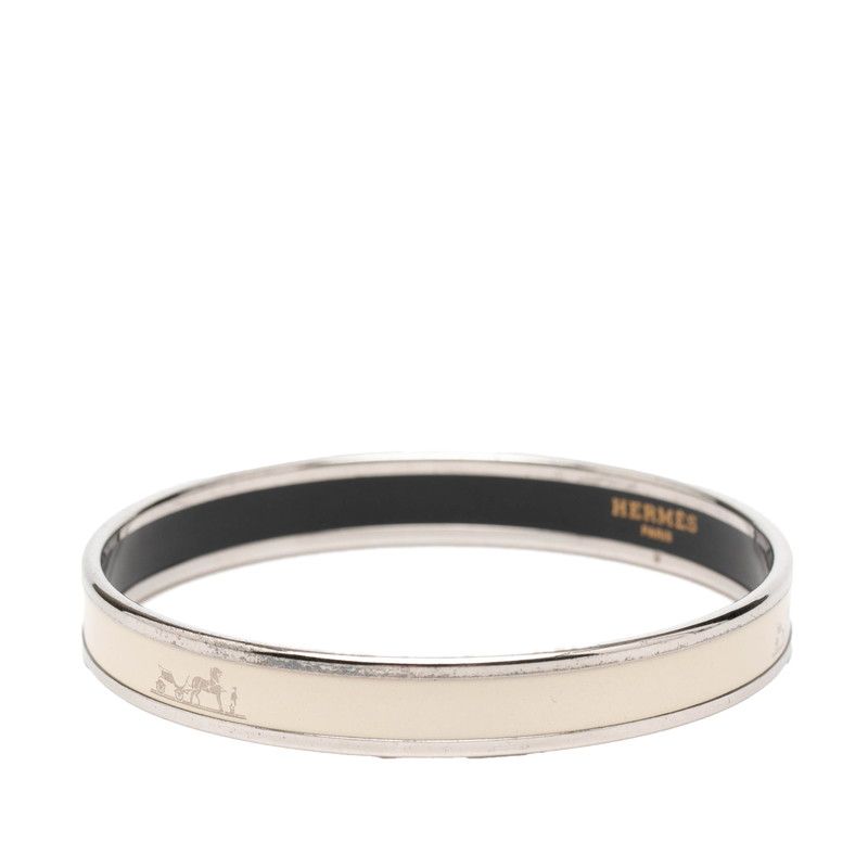 Hermes Enamel PM Carre School Carriage Logo Bangle Silver Ivory Metal Bracelet — view 2