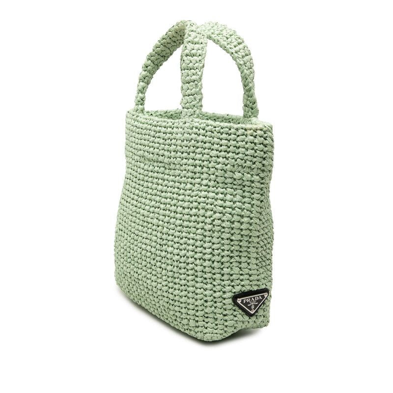 Prada Triangle Logo Small Crochet Tote Green Raffia — view 2