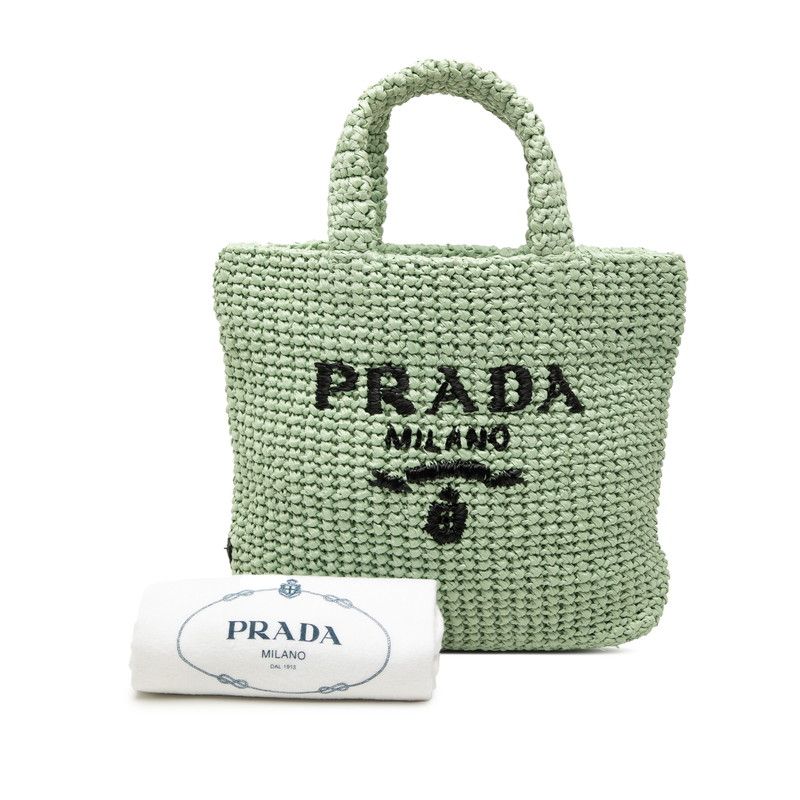 Prada Triangle Logo Small Crochet Tote Green Raffia — view 6