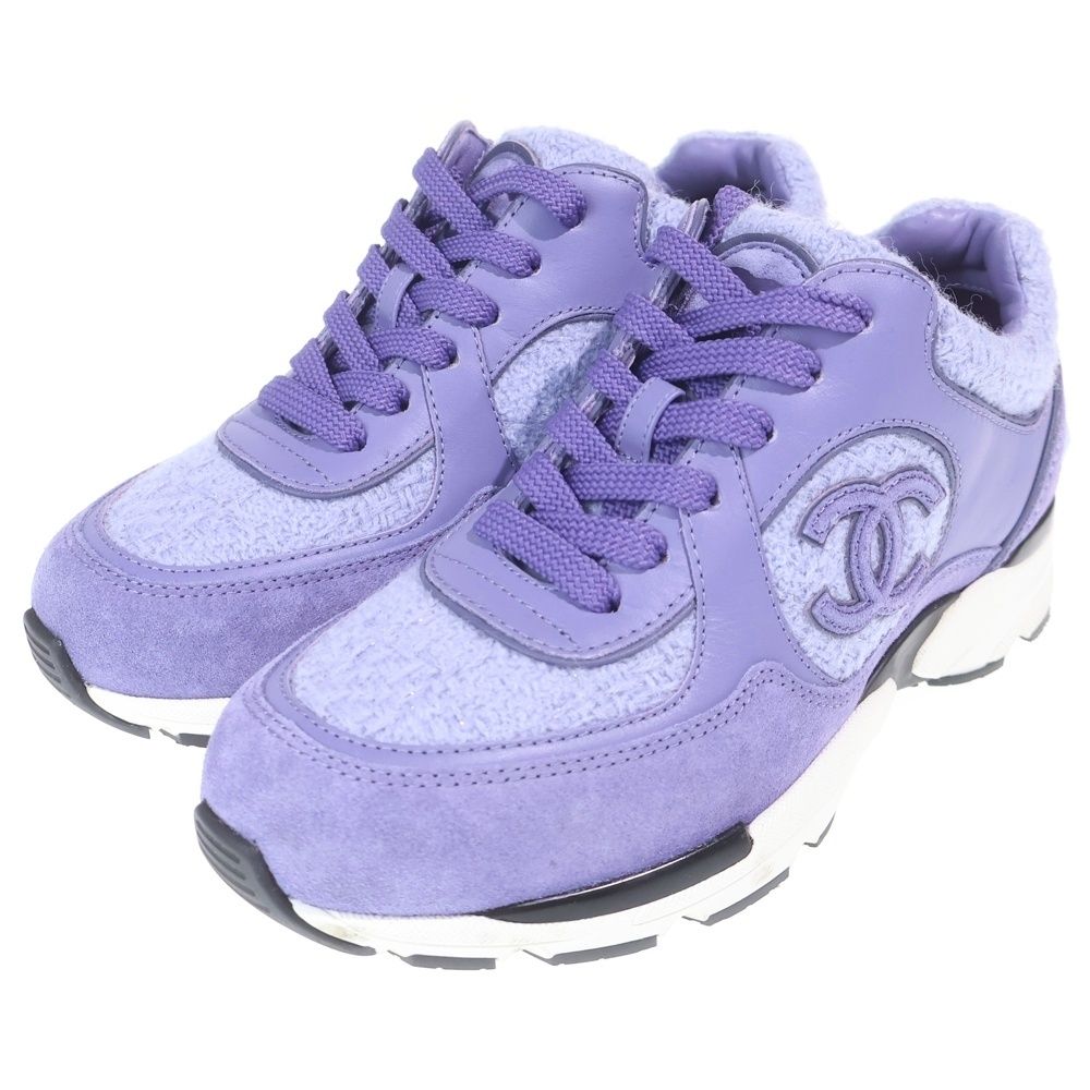 Chanel CC Logo Wool Tweed Low Cut Sneakers Purple — view 2