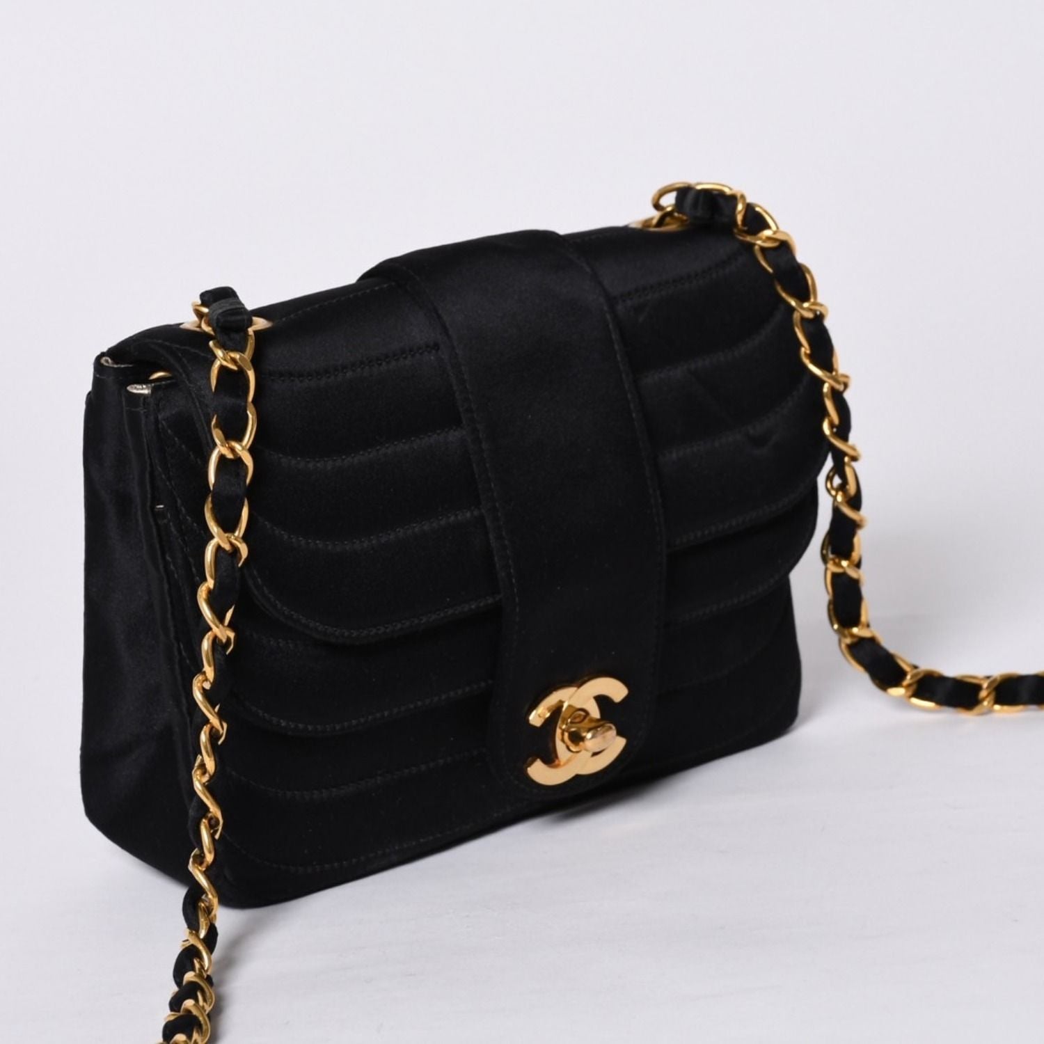 Chanel Mademoiselle Mini Chain Shoulder Bag CC Logo Satin Black Gold — view 3