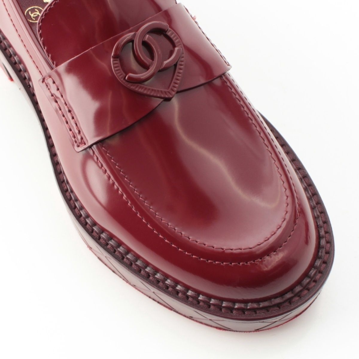 Chanel 24k Shiny Calfskin CC Logo Heart Platform Loafers Shoes Red 35.5 — view 6