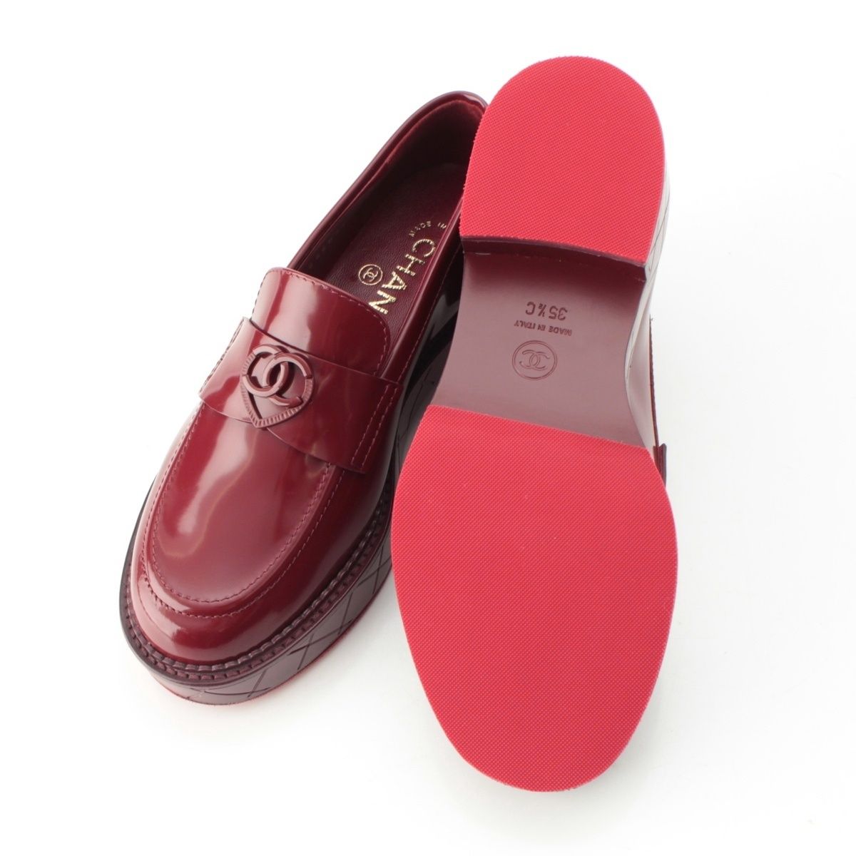 Chanel 24k Shiny Calfskin CC Logo Heart Platform Loafers Shoes Red 35.5 — view 5