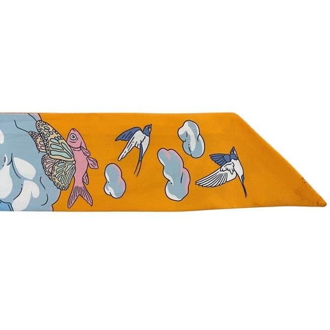 Hermes Ribbon Twilly Light Blue Orange Animal Cleaned Scarf — view 9