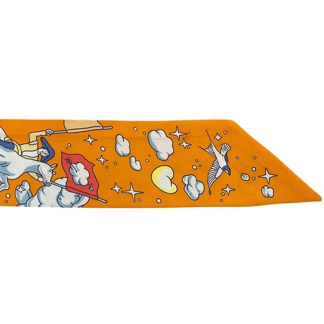 Hermes Ribbon Twilly Light Blue Orange Animal Cleaned Scarf — view 7