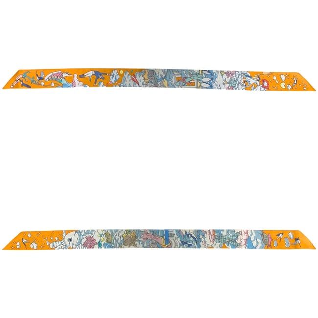 Hermes Ribbon Twilly Light Blue Orange Animal Cleaned Scarf — view 2