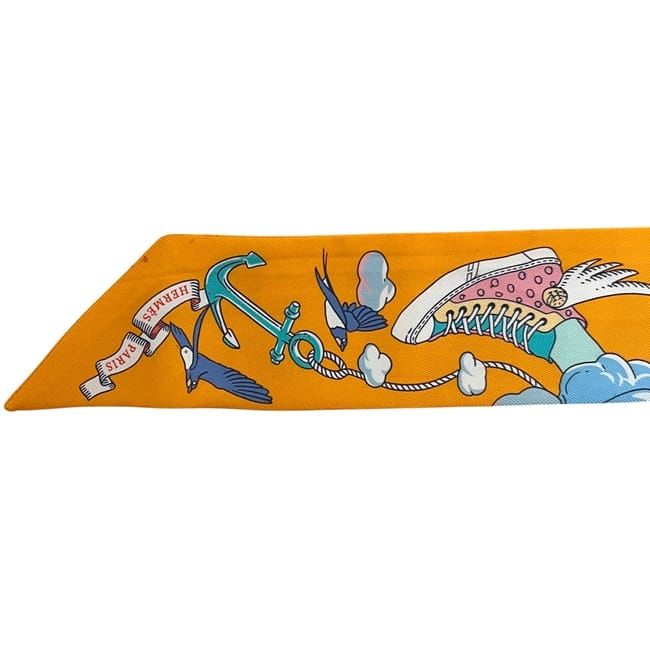 Hermes Ribbon Twilly Light Blue Orange Animal Cleaned Scarf — view 8
