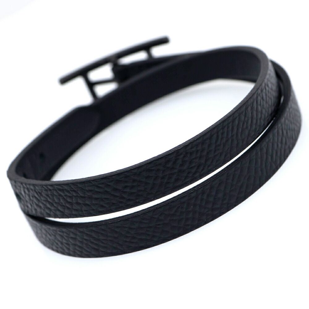 Hermes Leather Bracelet Behapi Double Tour Sole Black Swift T4 — view 4